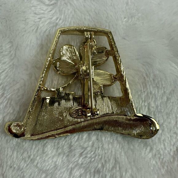 Leprechaun Hat Brooch Pin Green Gold Tone Rhinestone Shamrock St. Patrick's Day - Picture 3 of 6